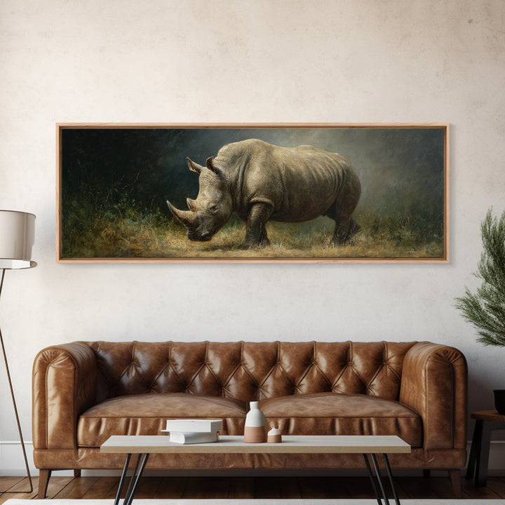 Rhino in Dramatic Stormy Light Framed Canvas Print, Wildlife Art, Wall Art, Living Room Decor, Fine Art, Wild, Modern Wall Art, WIL-3x1-72