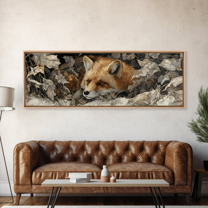Fox in Autumn Forest Leaves Framed Canvas Print, Wildlife Art, Bird Wall Art, Living Room Decor, Oil Painting, Wild, WIL-3x1-73