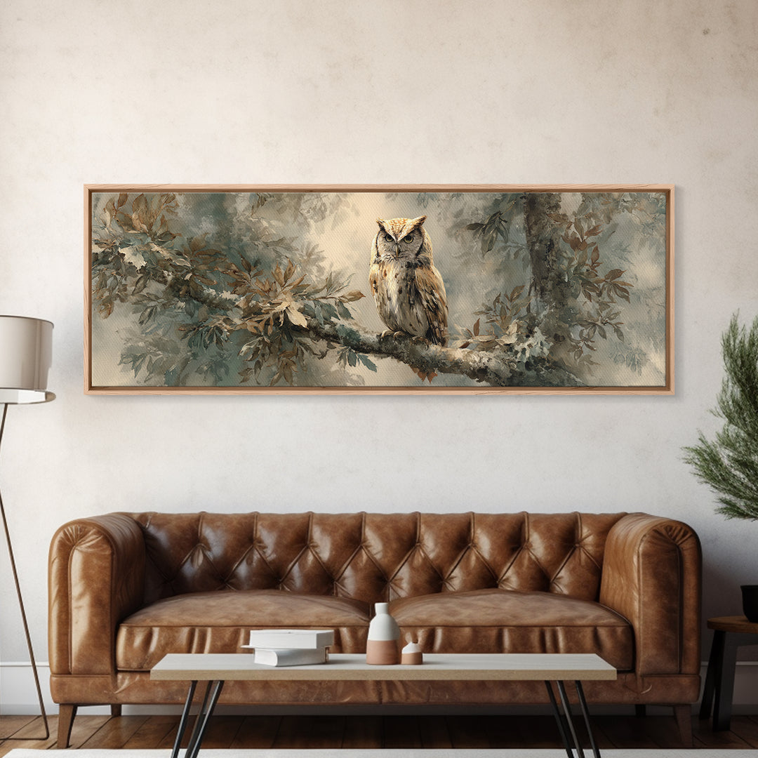 Owl Perched in Moonlit Woodland Canvas Print, Wildlife Art, Home Decor, Living Room Decor, Fine Art, Wild, Boho Wall Decor, WIL-3x1-76