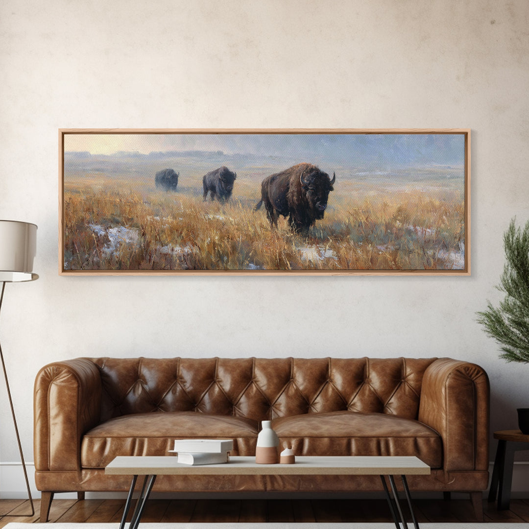 Bison on Wide Western Prairie Framed Canvas Print, Wildlife Art, Landscape Art, Living Room Decor, Fine Art, Wild, Modern Decor, WIL-3x1-77