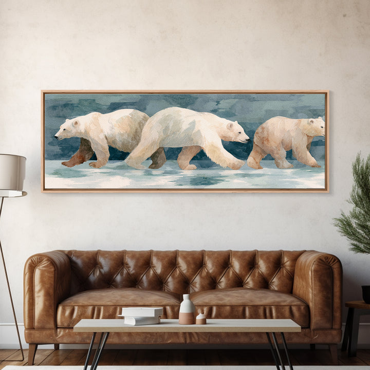 Polar Bear Crossing Blue Ice Framed Canvas Print, Wildlife Art, Living Room Decor, Oil Painting, Wild, Living Room Art, WIL-3x1-79
