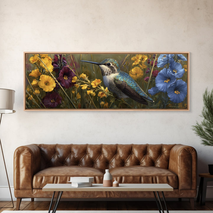 Hummingbird Beside Bright Flowers Canvas Print, Wildlife Art, Living Room Art, Living Room Decor, Watercolor Art, Wild, WIL-3x1-8