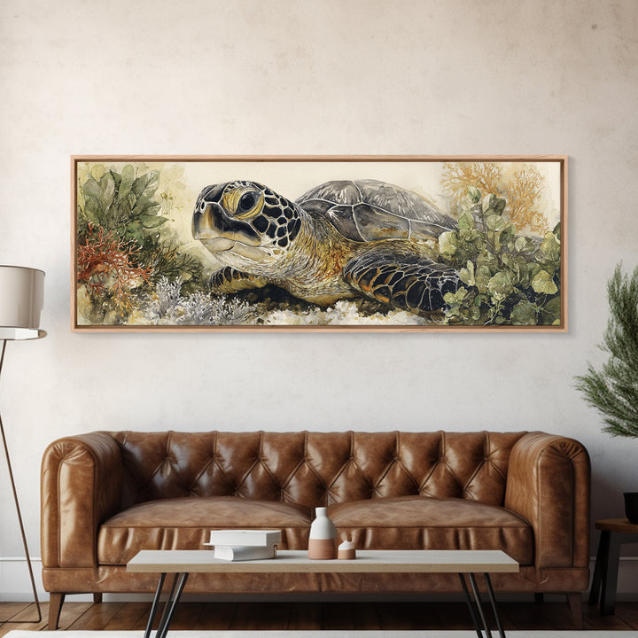 Sea Turtle over Coral Reef Framed Canvas Print, Wildlife Art, Modern Wall Art, Living Room Decor, Fine Art, Wild, Bird Wall Art, WIL-3x1-82