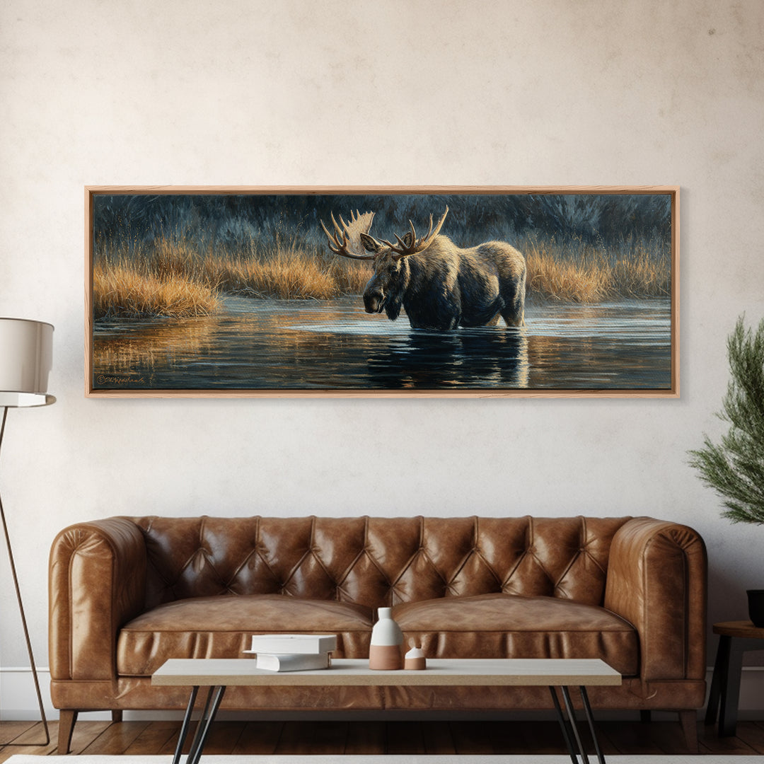 Moose Standing in Reflective Lake Canvas Print, Wildlife Art, Oil Painting, Living Room Decor, Fine Art, Wild, Bedroom Wall Art, WIL-3x1-83