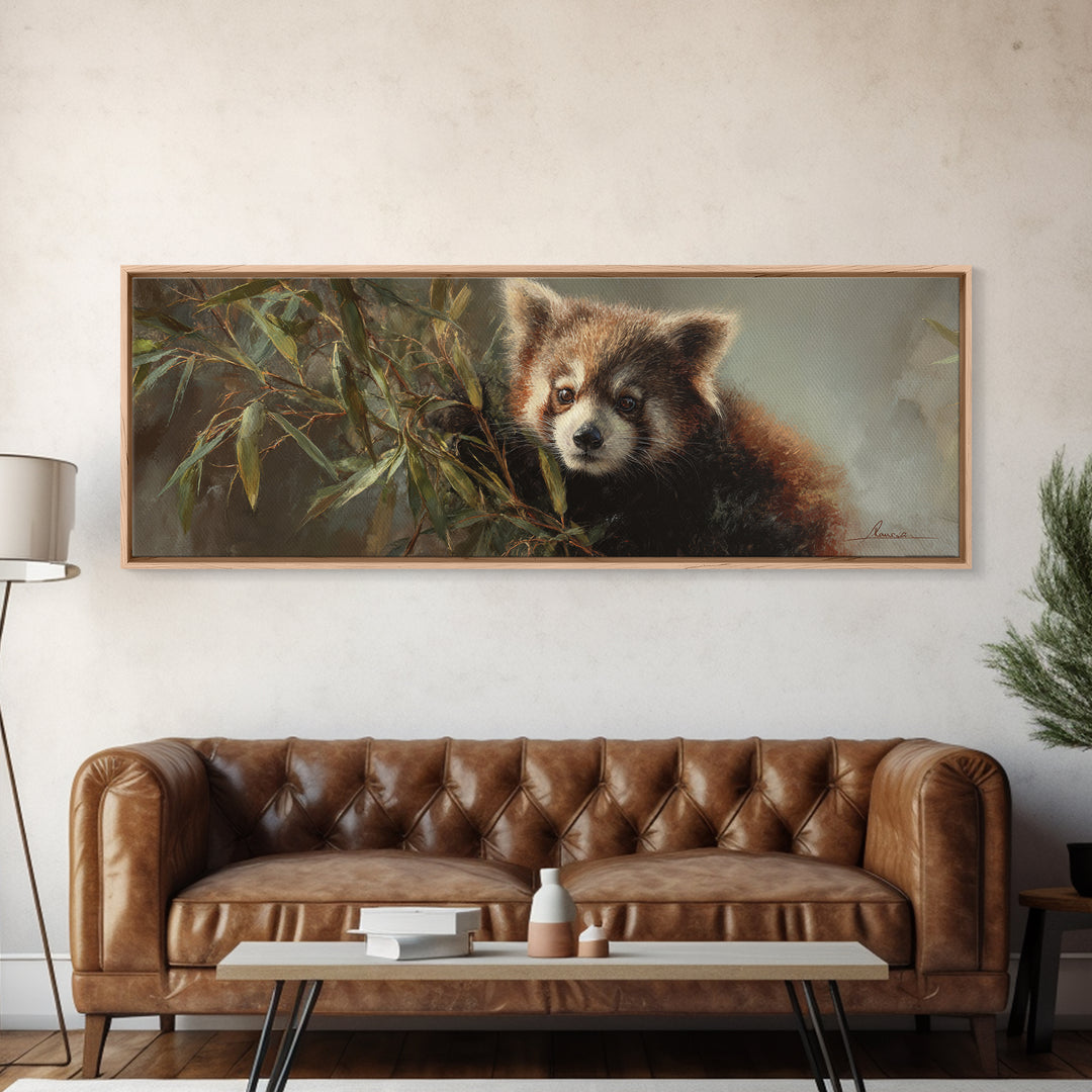 Red Panda Among Bamboo Leaves Framed Canvas Print, Wildlife Art, Wall Decor, Living Room Decor, Wild, Living Room Wall Art, WIL-3x1-84