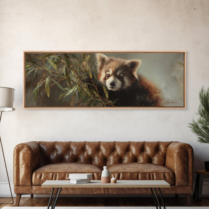 Red Panda Among Bamboo Leaves Framed Canvas Print, Wildlife Art, Wall Decor, Living Room Decor, Wild, Living Room Wall Art, WIL-3x1-84