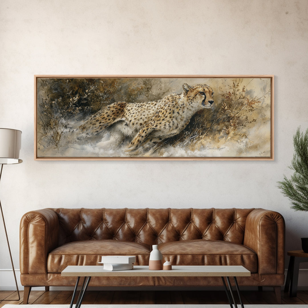 Cheetah Running Through Warm Dust Canvas Print, Wildlife Art, Digital Download Art, Living Room Decor, Oil Painting, Wild, WIL-3x1-85