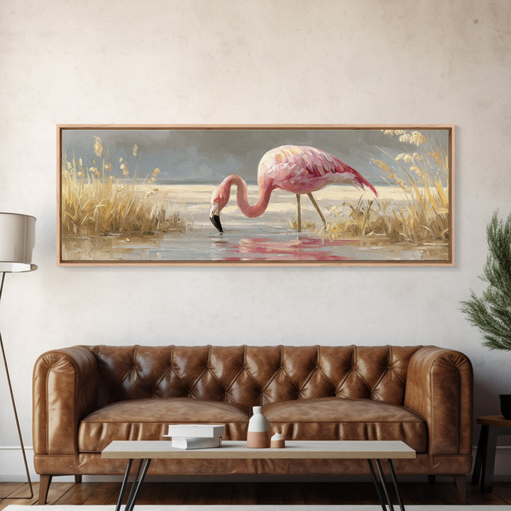 Flamingos in Pink Shallow Water Canvas Print, Wildlife Art, Canvas Wall Art, Living Room Decor, Watercolor Art, Wild, WIL-3x1-86