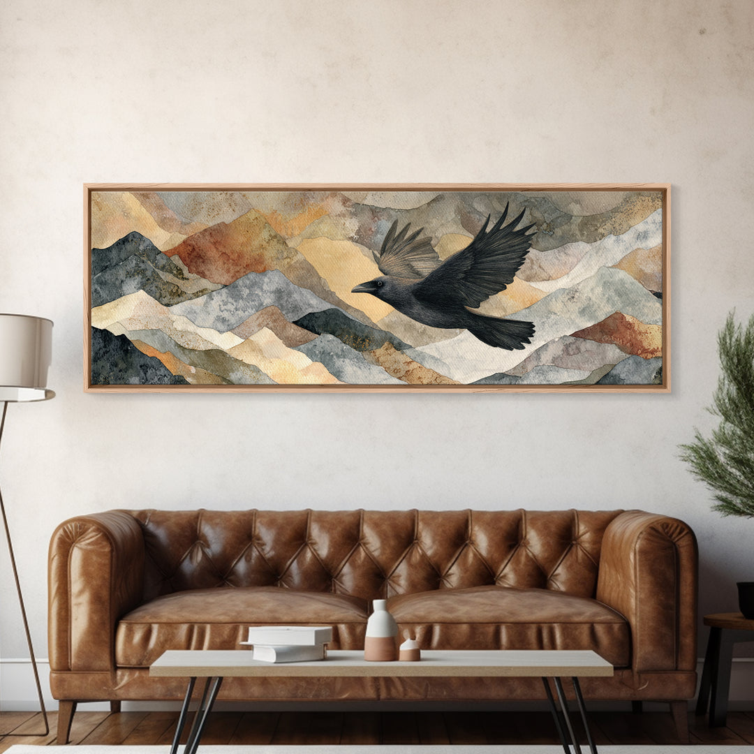 Raven Flying Through Snowy Mountains Canvas Print, Wildlife Art, Minimalist Decor, Living Room Decor, Fine Art, Wild, WIL-3x1-88