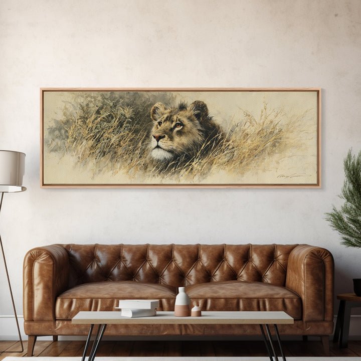 Lion Emerging from Golden Savanna Grass Framed Canvas Print, Wildlife Art, Unique Home Decor, Living Room Decor, Oil Painting, WIL-3x1-89