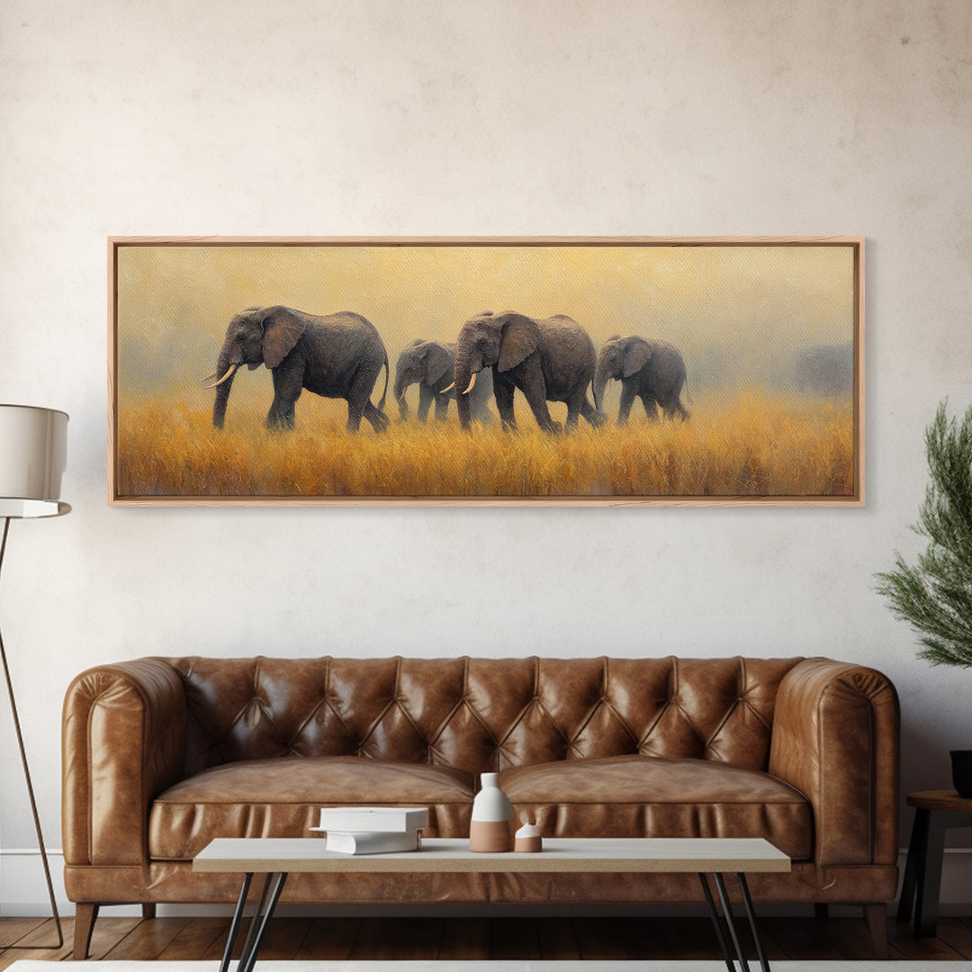 Elephant Herd Walking Through Dusty Sunset Framed Canvas Print, Wildlife Art, Landscape Art, Living Room Decor, Fine Art, Wild, WIL-3x1-90