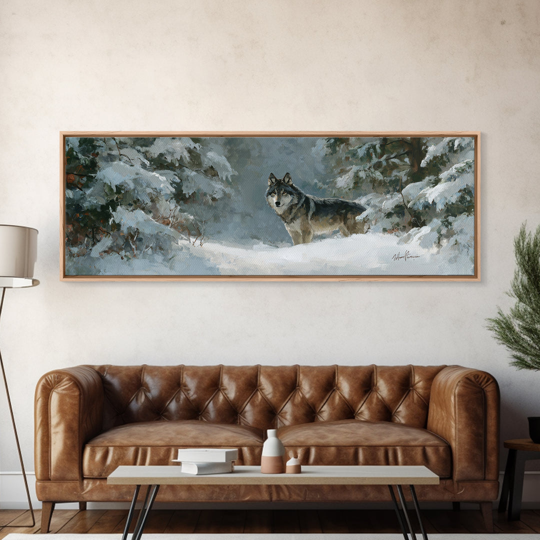 Wolf Standing Beneath Snowy Pine Trees Canvas Print, Wildlife Art, Room Decor, Living Room Decor, Fine Art, Wild, WIL-3x1-91