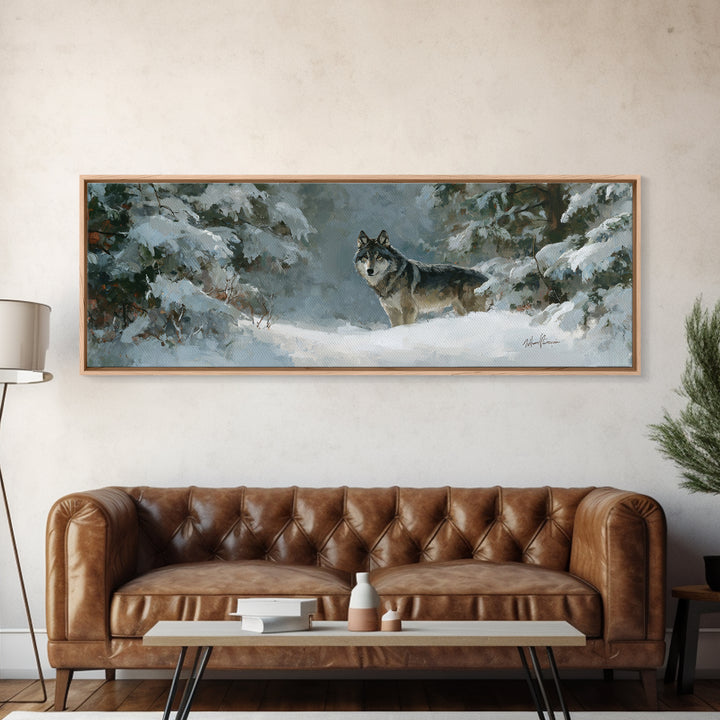 Wolf Standing Beneath Snowy Pine Trees Canvas Print, Wildlife Art, Room Decor, Living Room Decor, Fine Art, Wild, WIL-3x1-91