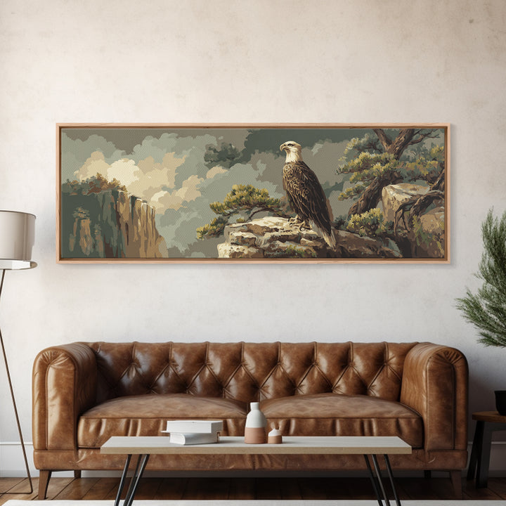 Eagle Soaring Above Rocky Cliffs Canvas Print, Wildlife Art, Bird Art, Living Room Decor, Watercolor Art, Wild, WIL-3x1-94