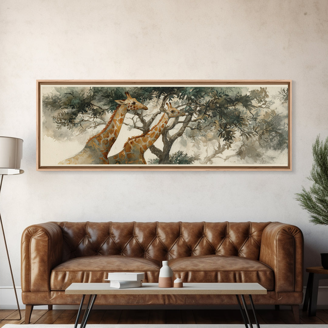 Giraffe Pair under Acacia Tree Canvas Print, Wildlife Art, Living Room Decor, Oil Painting, Wild, Original Art, WIL-3x1-95