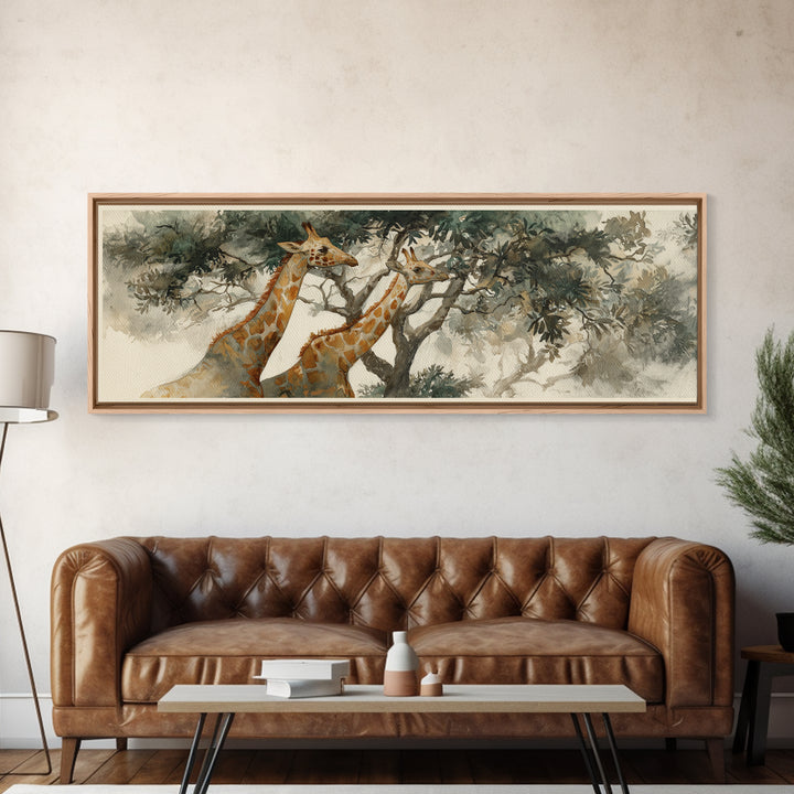 Giraffe Pair under Acacia Tree Canvas Print, Wildlife Art, Living Room Decor, Oil Painting, Wild, Original Art, WIL-3x1-95