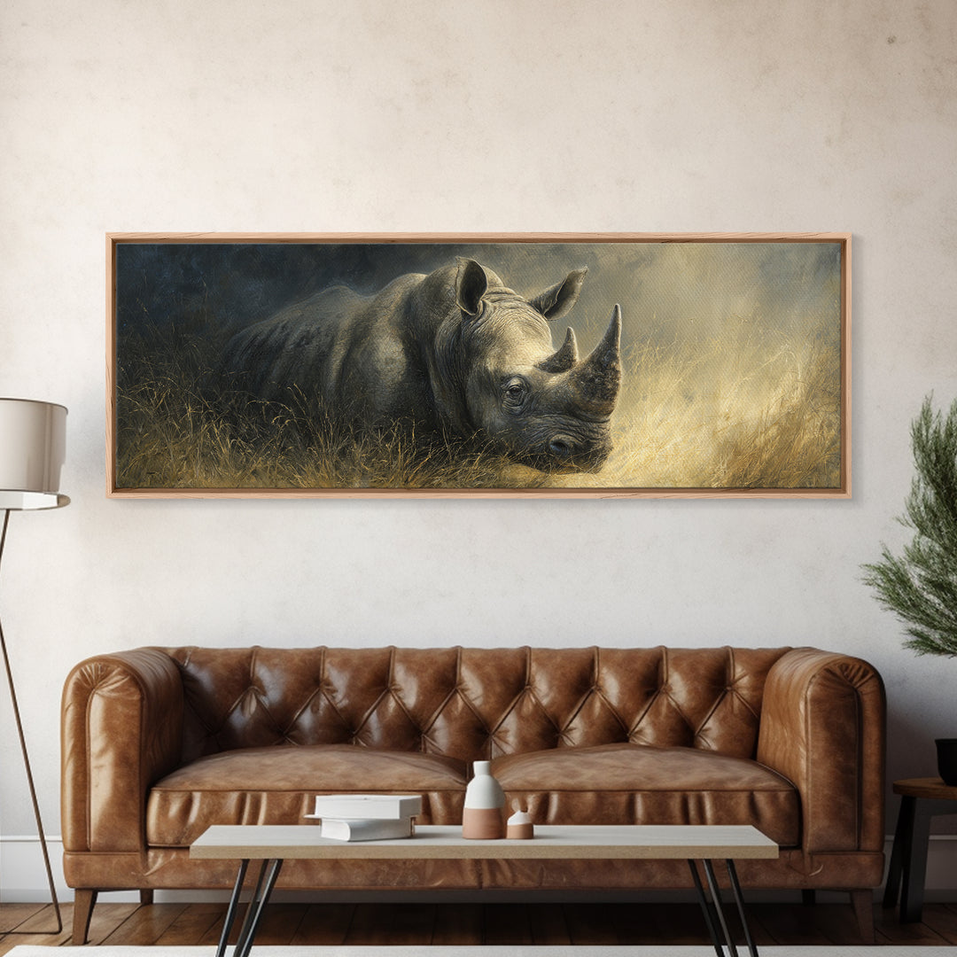 Rhino in Dramatic Stormy Light Canvas Print, Wildlife Art, Neutral Decor, Living Room Decor, Fine Art, Wild, Wall Art, WIL-3x1-96