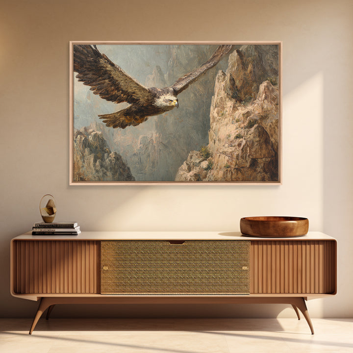Eagle Soaring Above Rocky Cliffs Framed Canvas Print, Wildlife Art, Wall Art Print, Living Room Decor, Fine Art, Wild, WIL-3x2-10