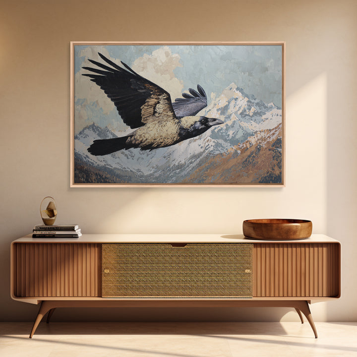 Raven Flying Through Snowy Mountains Framed Canvas Print, Wildlife Art, Fine Art Print, Living Room Decor, Fine Art, Wild, WIL-3x2-100