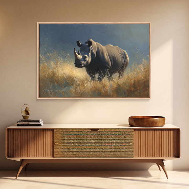 Rhino in Dramatic Stormy Light Canvas Print, Wildlife Art, Modern Wall Art, Living Room Decor, Fine Art, Wild, Bird Wall Art, WIL-3x2-12