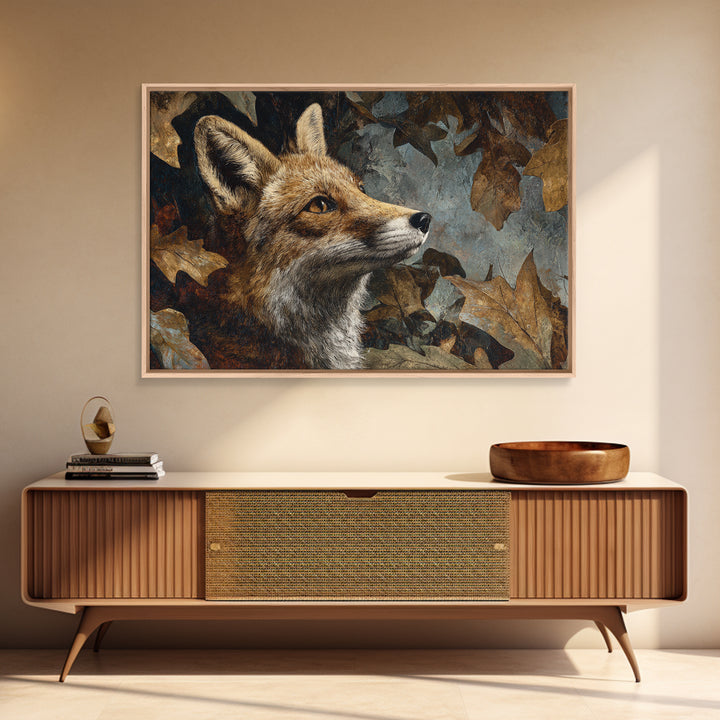 Fox in Autumn Forest Leaves Framed Canvas Print, Wildlife Art, Canvas Print, Living Room Decor, Fine Art, Wild, Forest Wall Art, WIL-3x2-13