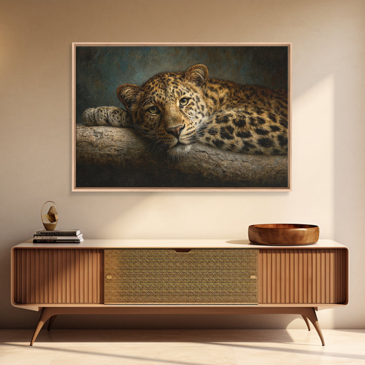 Leopard Resting on Tree Branch Framed Canvas Print, Wildlife Art, Large Wall Art, Living Room Decor, Watercolor Art, Wild, WIL-3x2-18