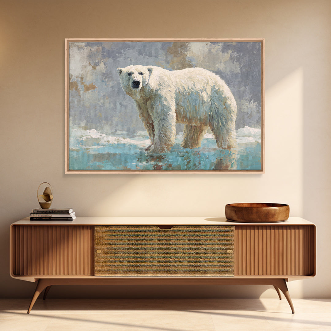 Polar Bear Crossing Blue Ice Framed Canvas Print, Wildlife Art, Living Room Art, Living Room Decor, Fine Art, Wild, Boho Decor, WIL-3x2-19