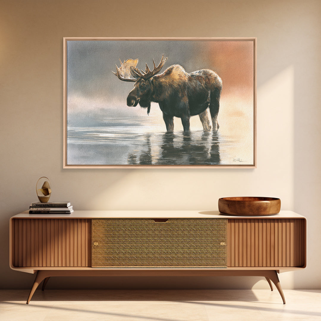 Moose Standing in Reflective Lake Framed Canvas Print, Wildlife Art, Living Room Wall Art, Living Room Decor, Oil Painting, WIL-3x2-23