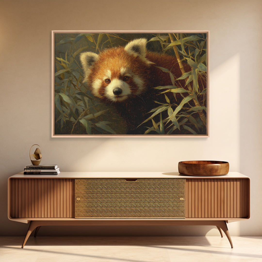 Red Panda Among Bamboo Leaves Framed Canvas Print, Wildlife Art, Canvas Print, Living Room Decor, Wild, Forest Wall Art, WIL-3x2-24