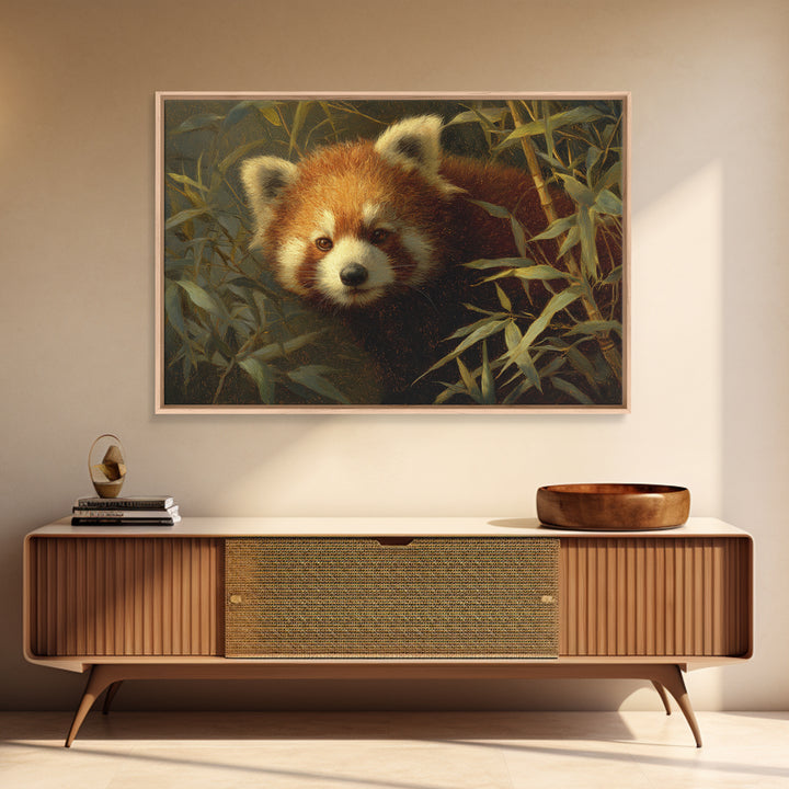 Red Panda Among Bamboo Leaves Framed Canvas Print, Wildlife Art, Canvas Print, Living Room Decor, Wild, Forest Wall Art, WIL-3x2-24