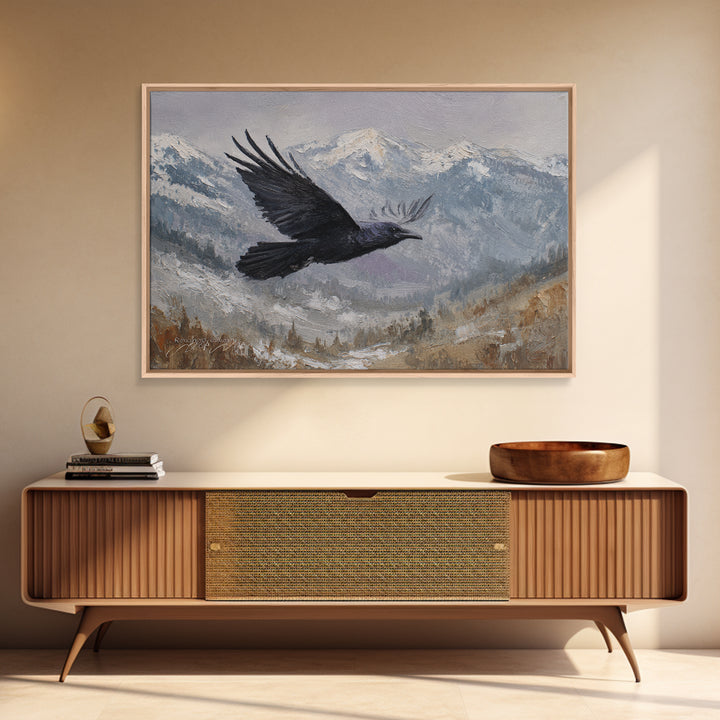 Raven Flying Through Snowy Mountains Framed Canvas Print, Wildlife Art, Living Room Decor, Watercolor Art, Wild, WIL-3x2-28