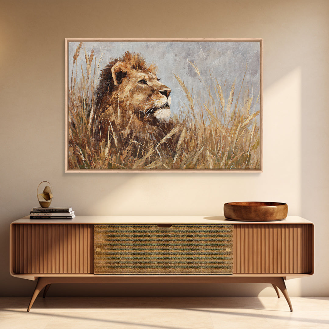 Lion Emerging from Golden Savanna Grass Canvas Print, Wildlife Art, Bird Wall Art, Living Room Decor, Fine Art, Wild, WIL-3x2-29