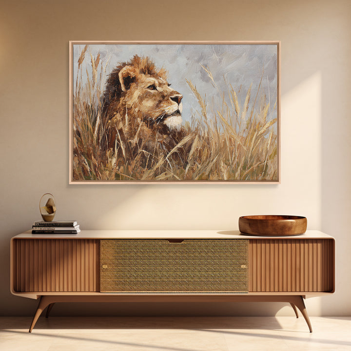 Lion Emerging from Golden Savanna Grass Canvas Print, Wildlife Art, Bird Wall Art, Living Room Decor, Fine Art, Wild, WIL-3x2-29
