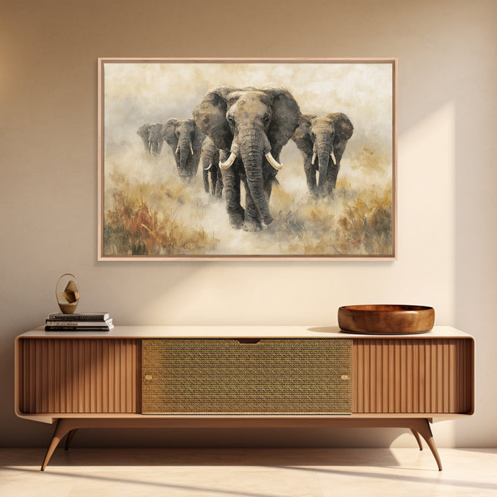 Elephant Herd Walking Through Dusty Sunset Canvas Print, Wildlife Art, Living Room Wall Art, Living Room Decor, Fine Art, Wild, WIL-3x2-30