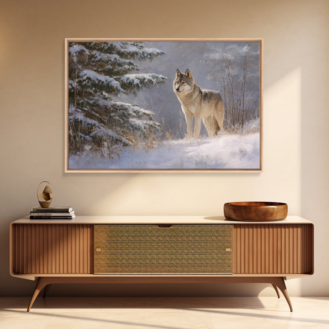 Wolf Standing Beneath Snowy Pine Trees Framed Canvas Print, Wildlife Art, Canvas Painting, Living Room Decor, Fine Art, Wild, WIL-3x2-31