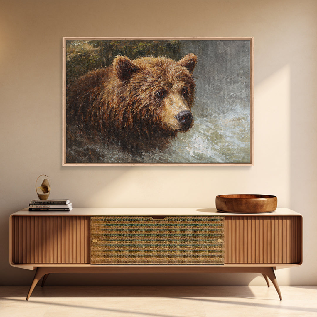 Bear Fishing in Rushing Mountain River Canvas Print, Wildlife Art, Bird Art, Living Room Decor, Oil Painting, Wild, WIL-3x2-32