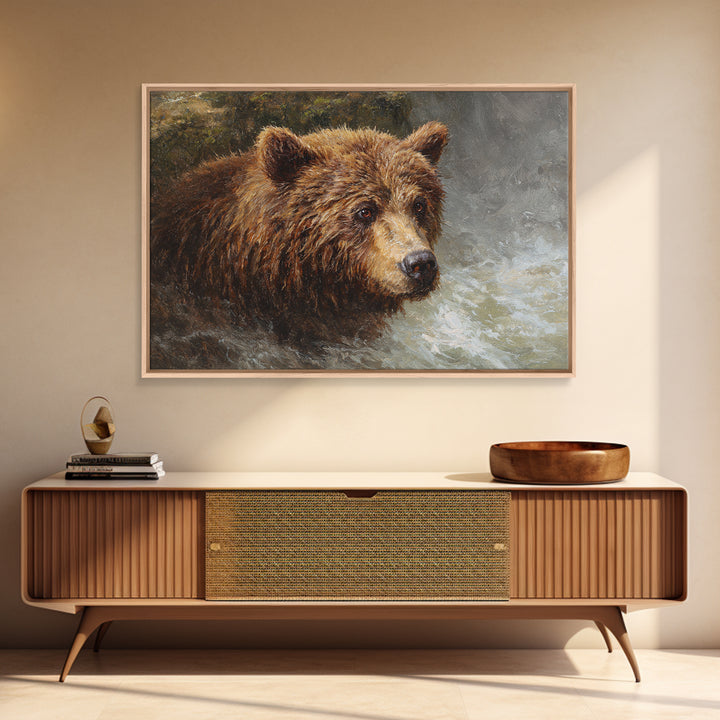 Bear Fishing in Rushing Mountain River Canvas Print, Wildlife Art, Bird Art, Living Room Decor, Oil Painting, Wild, WIL-3x2-32