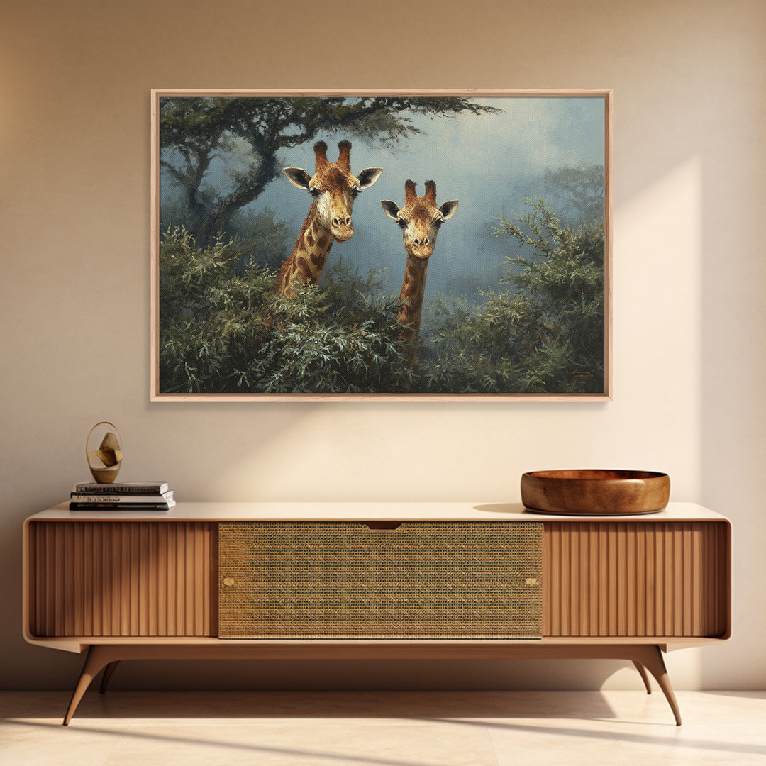 Giraffe Pair under Acacia Tree Framed Canvas Print, Wildlife Art, Rustic Home Decor, Living Room Decor, Fine Art, Wild, WIL-3x2-35
