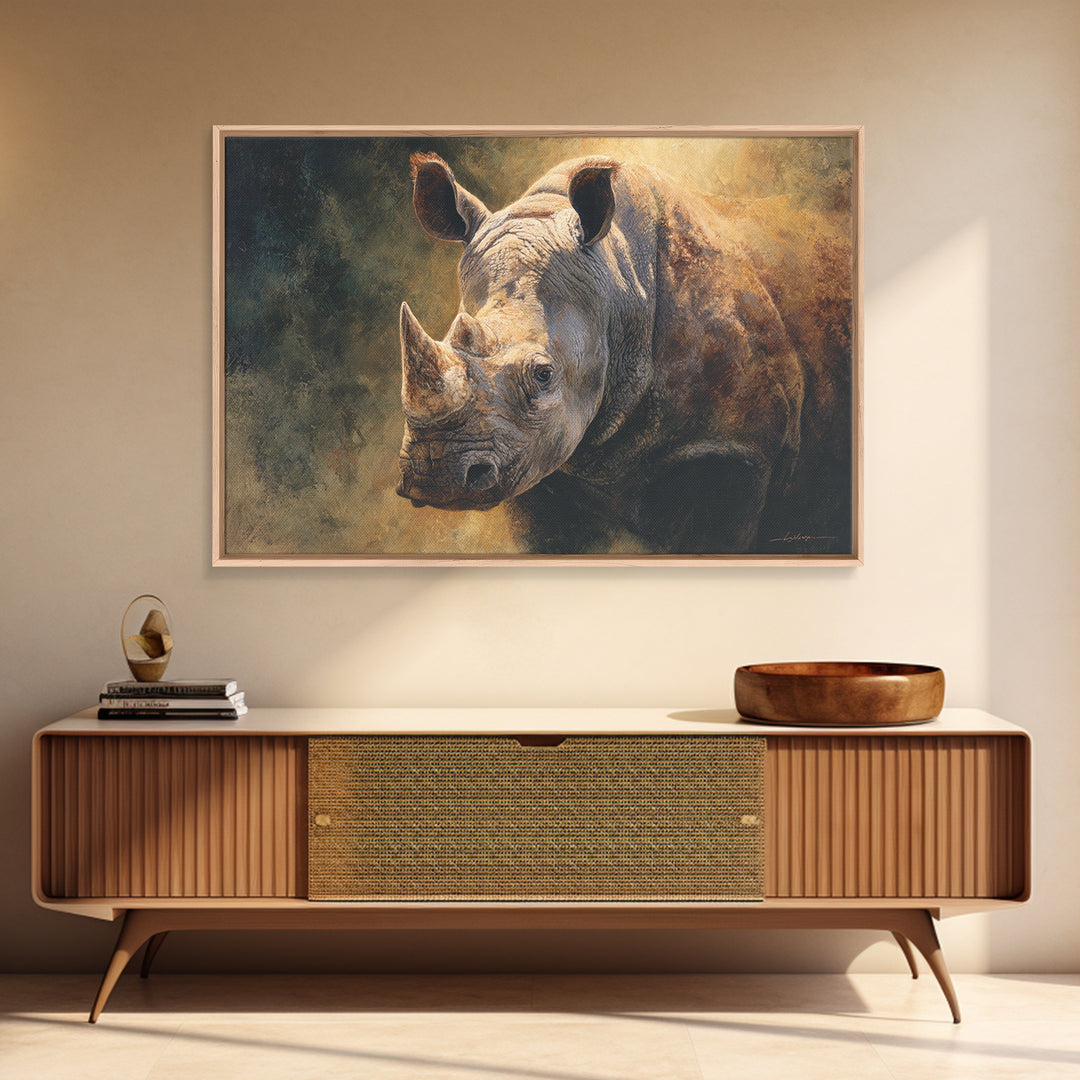 Rhino in Dramatic Stormy Light Framed Canvas Print, Wildlife Art, Bedroom Wall Art, Living Room Decor, Fine Art, Wild, WIL-3x2-36