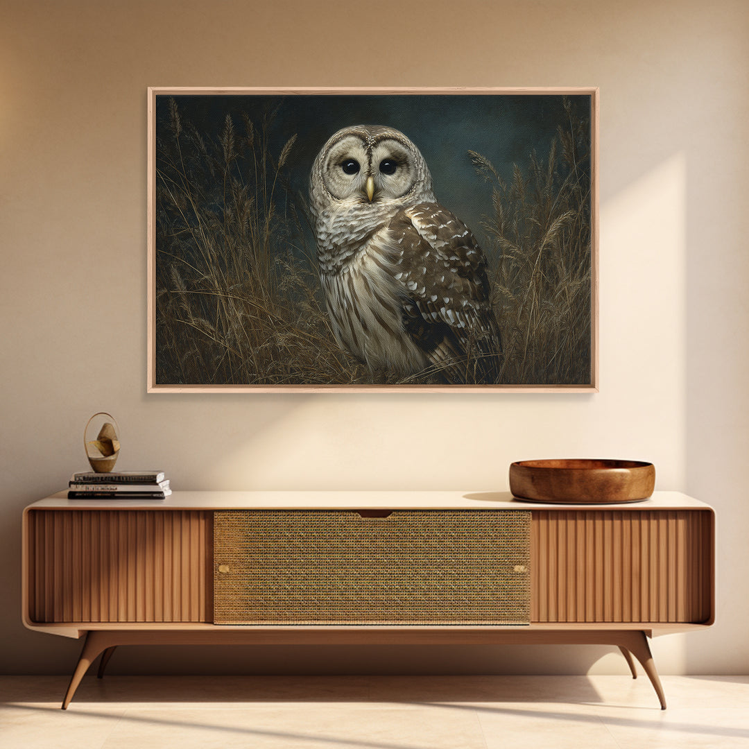 Owl Perched in Moonlit Woodland Framed Canvas Print, Wildlife Art, Modern Art, Living Room Decor, Oil Painting, Wild, WIL-3x2-40