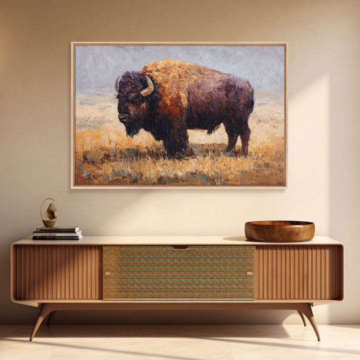 Bison on Wide Western Prairie Framed Canvas Print, Wildlife Art, Digital Download Art, Living Room Decor, Watercolor Art, Wild, WIL-3x2-41