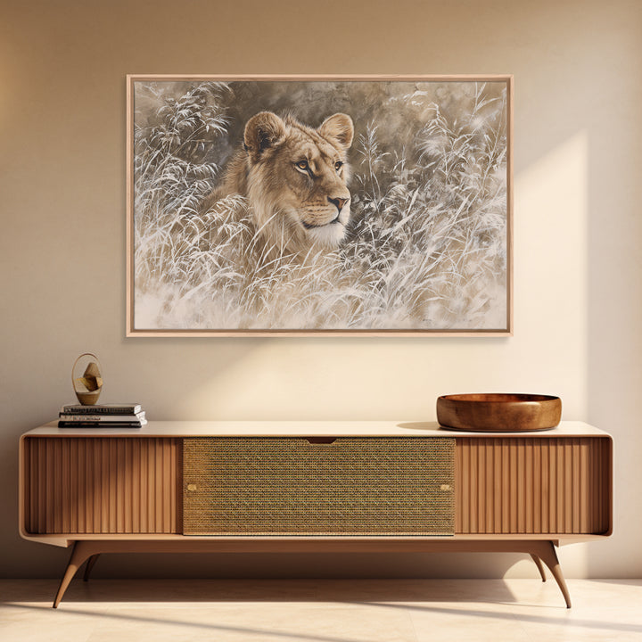 Lion Emerging from Golden Savanna Grass Framed Canvas Print, Wildlife Art, Modern Art, Living Room Decor, Fine Art, Wild, WIL-3x2-5