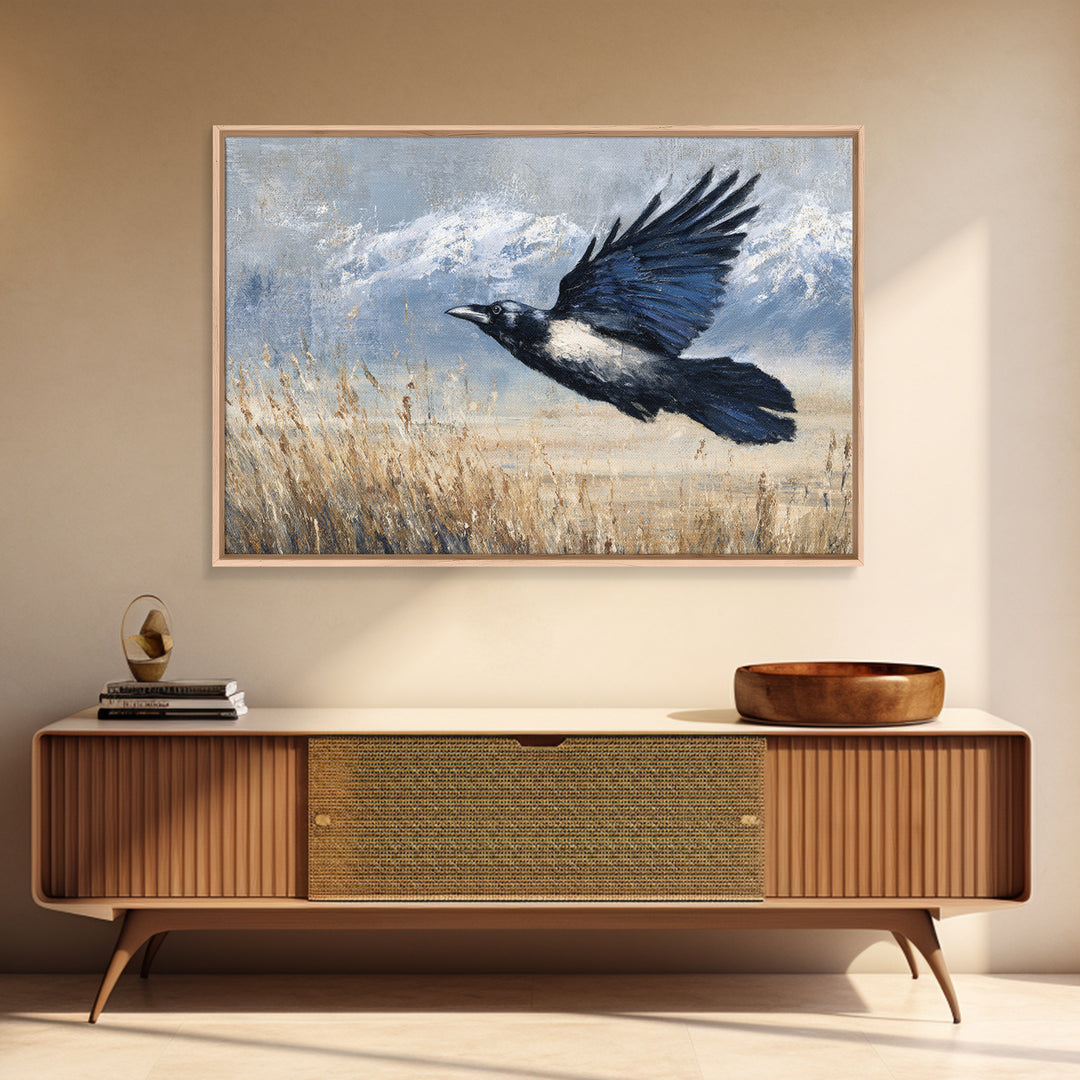 Raven Flying Through Snowy Mountains Canvas Print, Wildlife Art, Living Room Wall Art, Living Room Decor, Fine Art, Wild, WIL-3x2-52