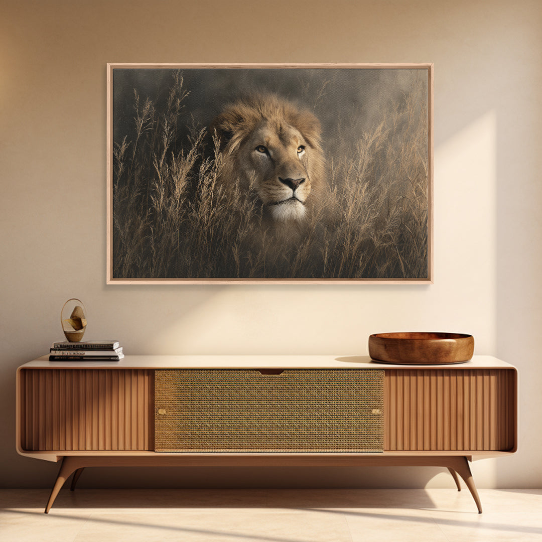 Lion Emerging from Golden Savanna Grass Canvas Print, Wildlife Art, Bird Wall Art, Living Room Decor, Fine Art, Wild, WIL-3x2-53