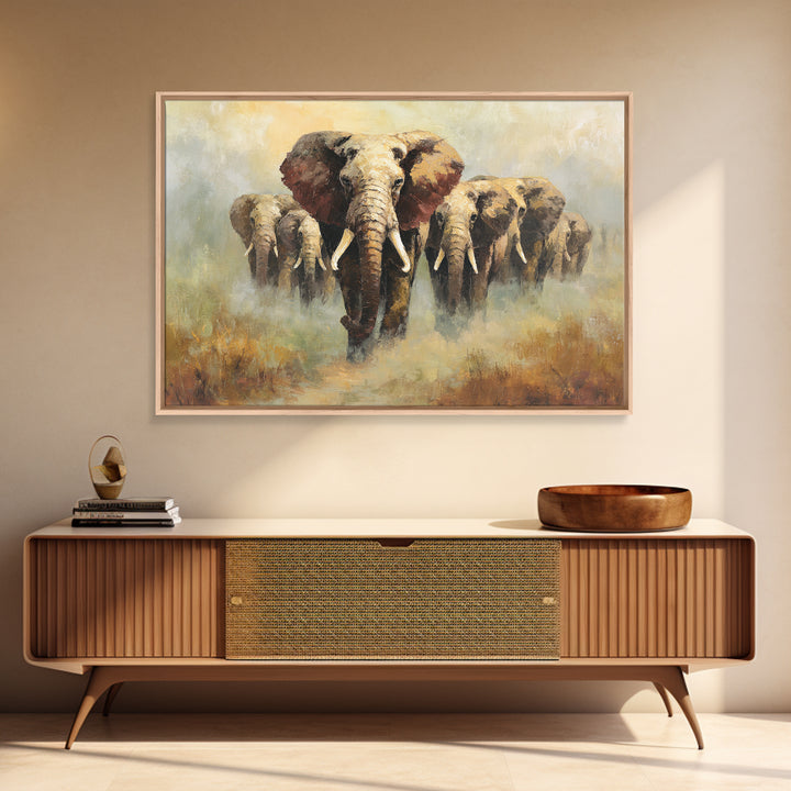 Elephant Herd Walking Through Dusty Sunset Canvas Print, Wildlife Art, Living Room Wall Art, Living Room Decor, Fine Art, Wild, WIL-3x2-54