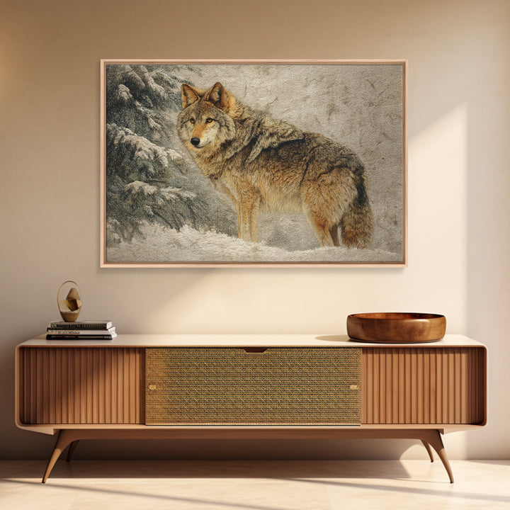 Wolf Standing Beneath Snowy Pine Trees Framed Canvas Print, Wildlife Art, Wall Decor, Living Room Decor, Oil Painting, Wild, WIL-3x2-55