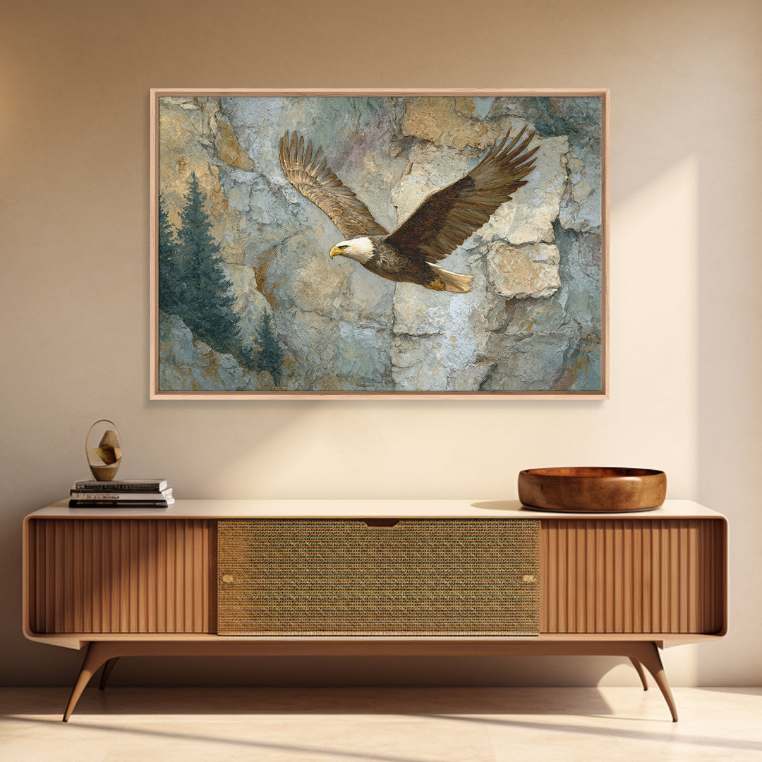Eagle Soaring Above Rocky Cliffs Canvas Print, Wildlife Art, Bird Art, Living Room Decor, Watercolor Art, Wild, WIL-3x2-58