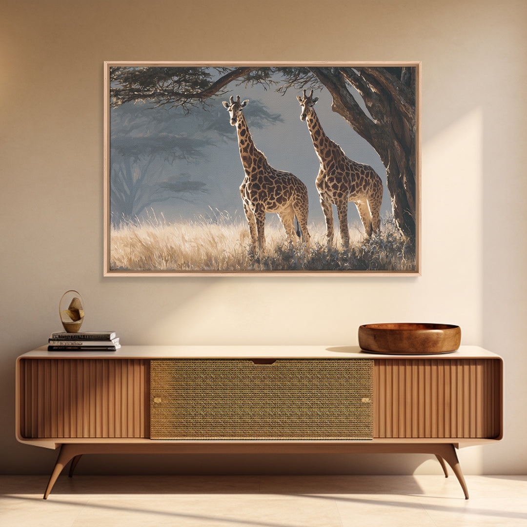 Giraffe Pair under Acacia Tree Framed Canvas Print, Wildlife Art, Living Room Decor, Oil Painting, Wild, Digital Wall Art, WIL-3x2-59