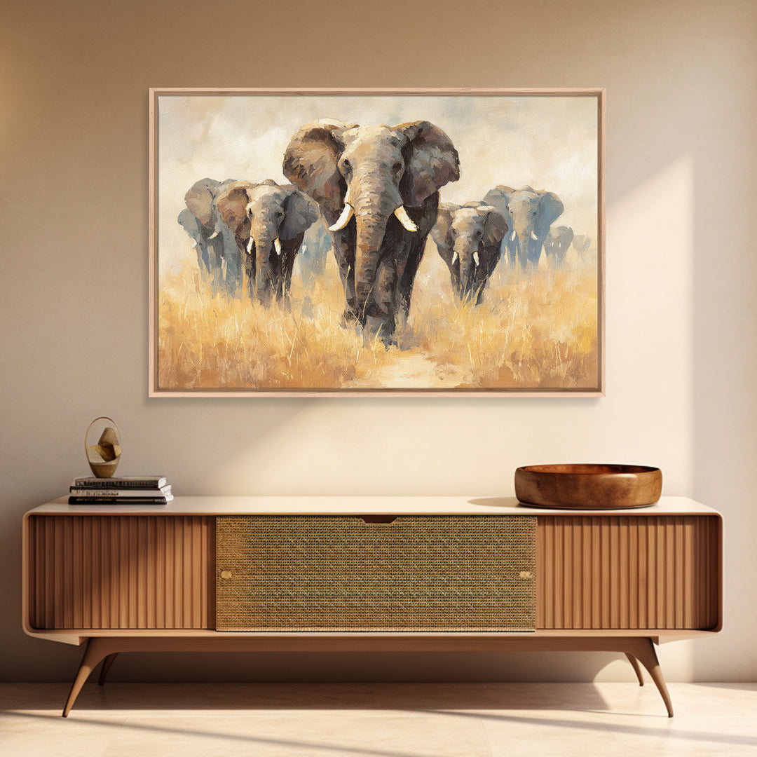 Elephant Herd Walking Through Dusty Sunset Framed Canvas Print, Wildlife Art, Living Room Decor, Wild, Living Room Art, WIL-3x2-6