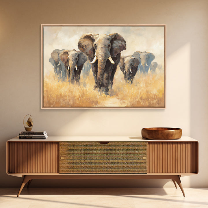 Elephant Herd Walking Through Dusty Sunset Framed Canvas Print, Wildlife Art, Living Room Decor, Wild, Living Room Art, WIL-3x2-6